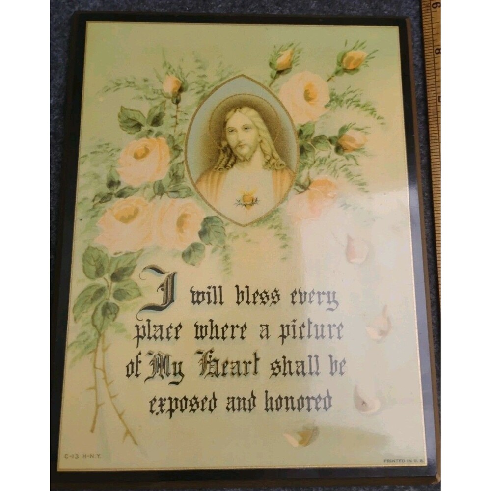 Vintage Sacred Heart of Jesus Lithograph Plaque Religious Art